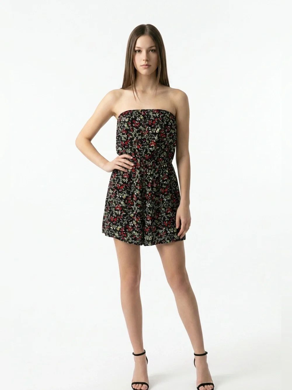 SHEIN | Strapless Black Floral Romper Women’s Size Large 8-10